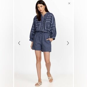 JOHNNY WAS NWT Blue Patched Ikat Linen Paperbag Shorts Size XL